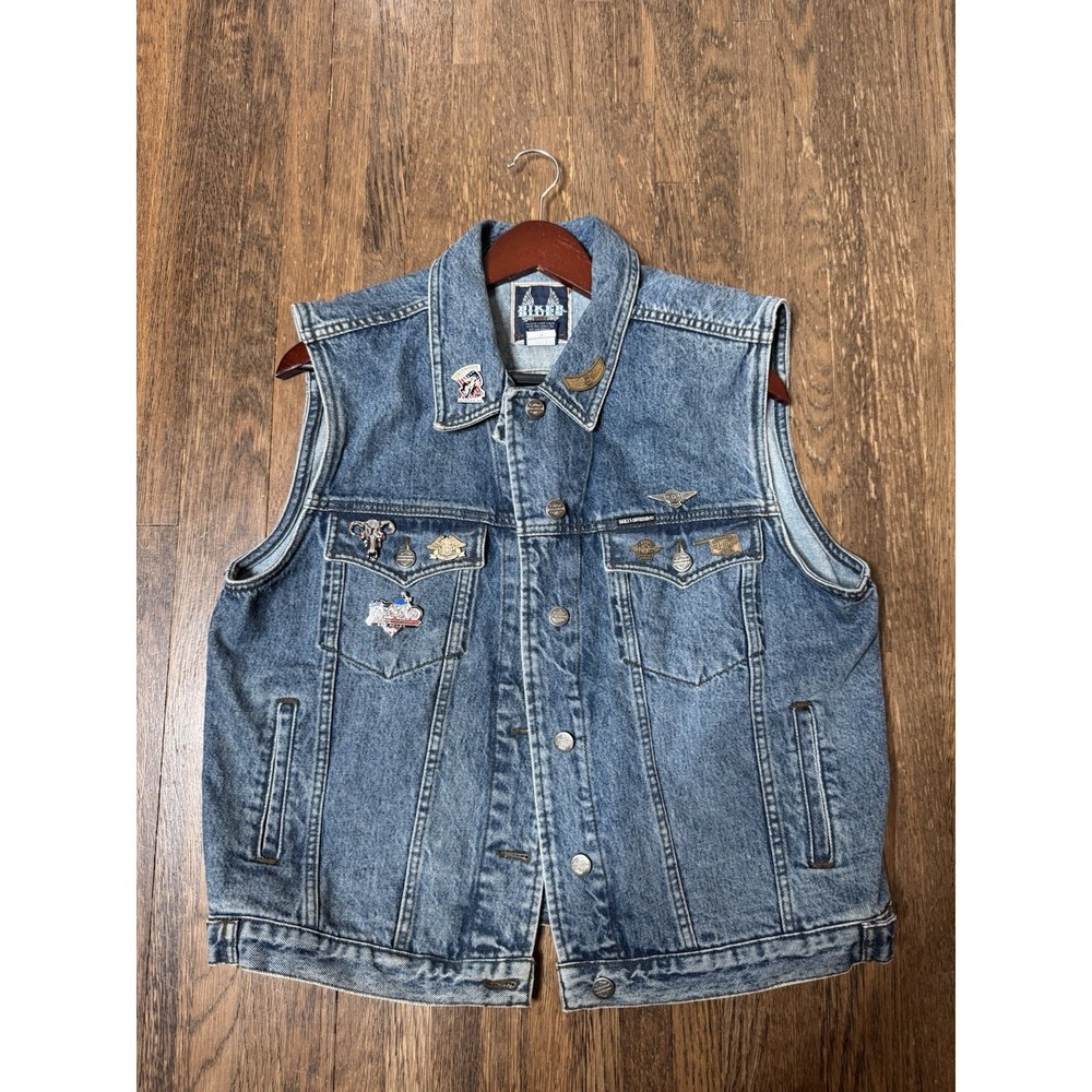Vintage Harley Davidson Denim Vest Ladies Large HOG Pins Patches Live To Ride